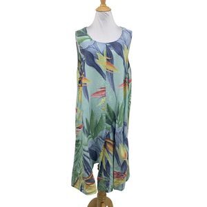 Puro Lino Dress Women XL Extra Large Multi Scoop Linen Tropical Made Italy Midi